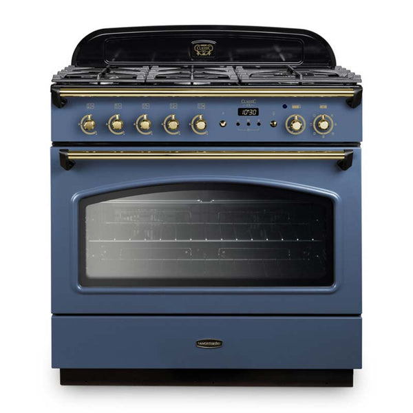Rangemaster Classic FX 90 Dual Fuel range cooker in Stone Blue with Brass trim