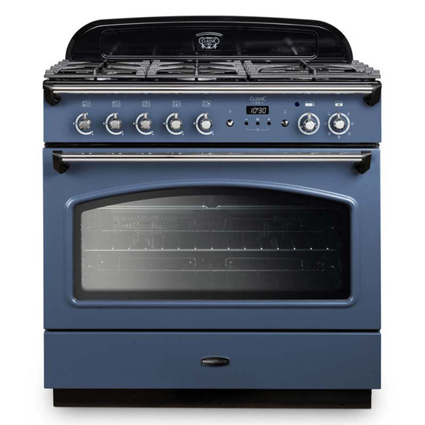 Rangemaster Classic FX 90 Dual Fuel range cooker in Stone Blue with Chrome trim