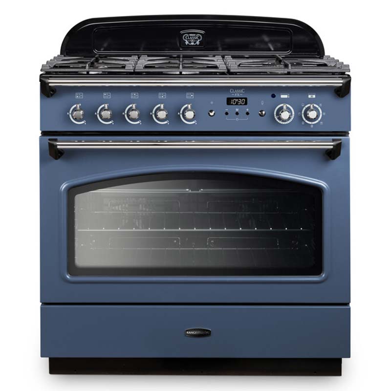 Rangemaster Classic FX 90 Dual Fuel range cooker in Stone Blue with Chrome trim