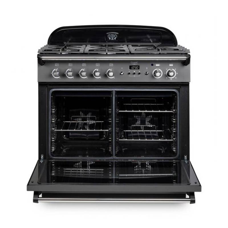 Rangemaster Classic FX 90 Dual Fuel range cooker in Slate with Brass trim