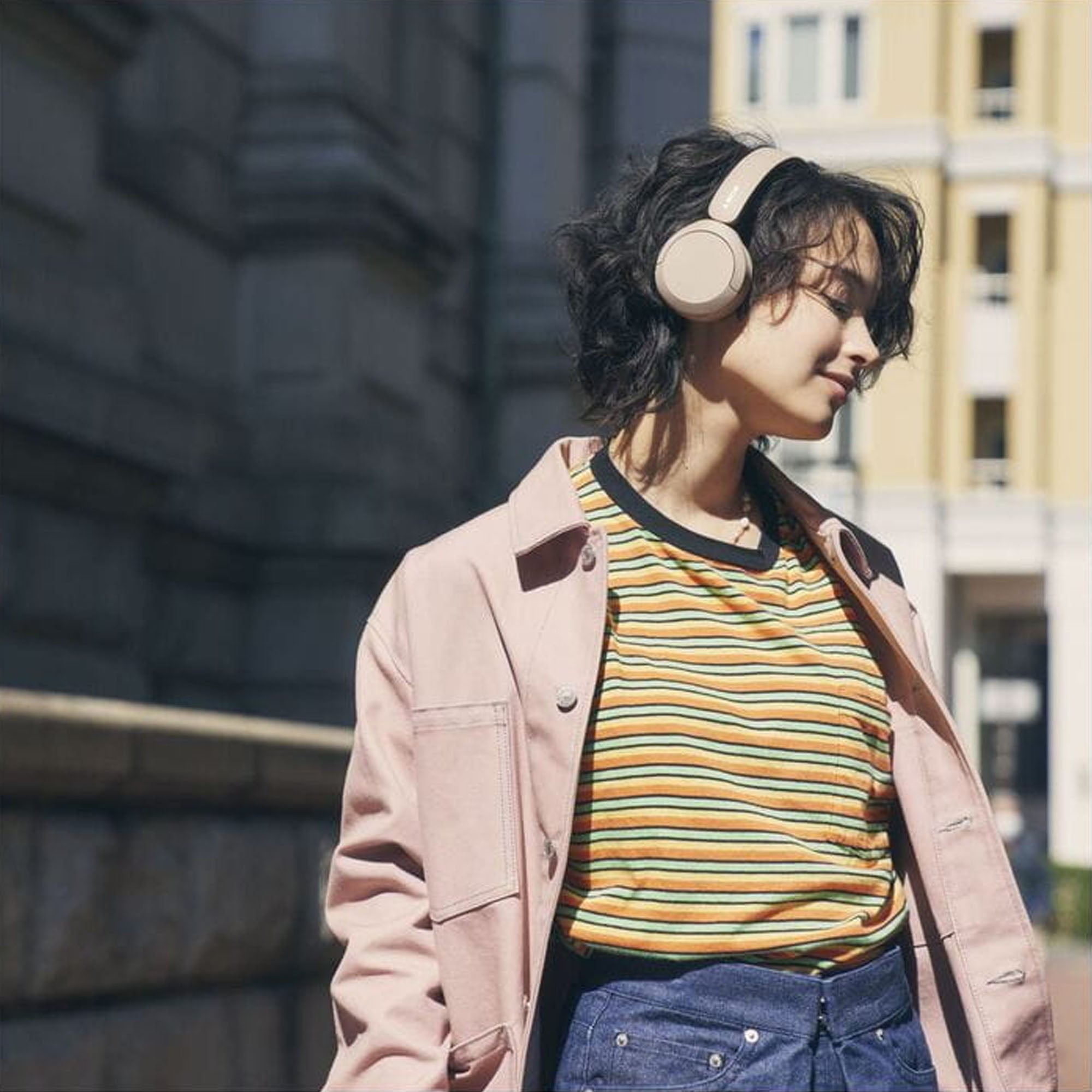 Sony WH-CH520 Wireless On-Ear Headphones - Beige - folded angle view