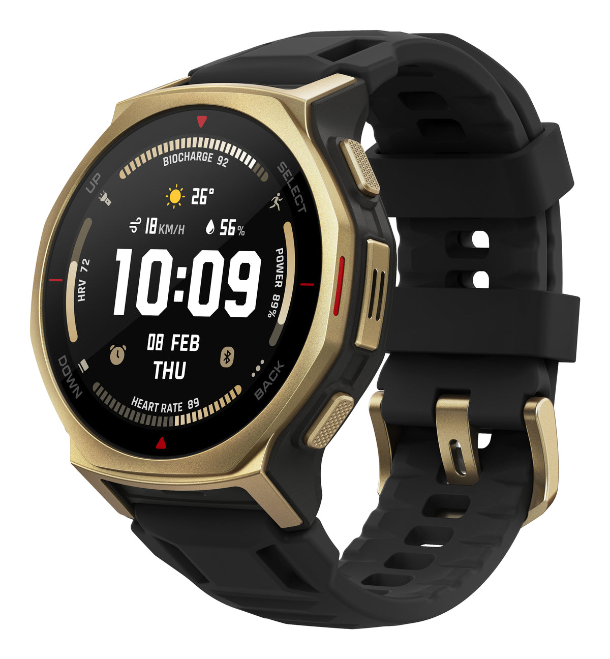 Amazfit T-Rex 3 Pro 44mm Smartwatch - Black Gold - angled view, left