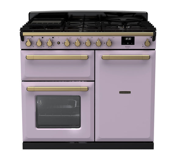 Rangemaster Estel Deluxe 100 Dual Fuel range cooker in Heather with Antique Brass trim