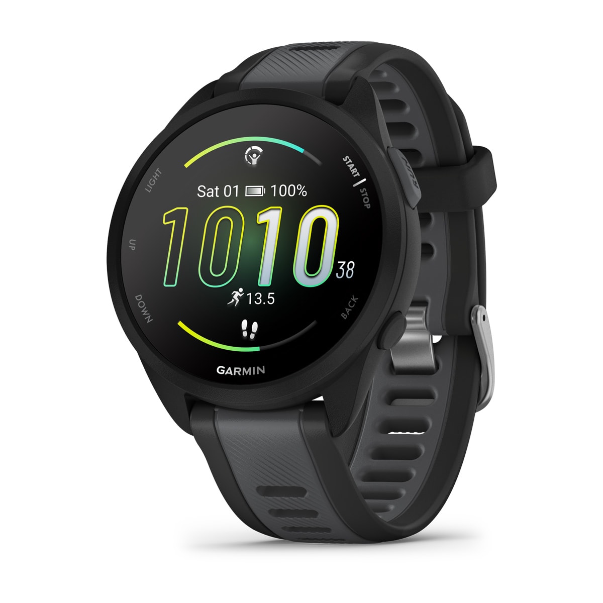 Garmin Forerunner 165 Music GPS Running Smartwatch - front view , screen on