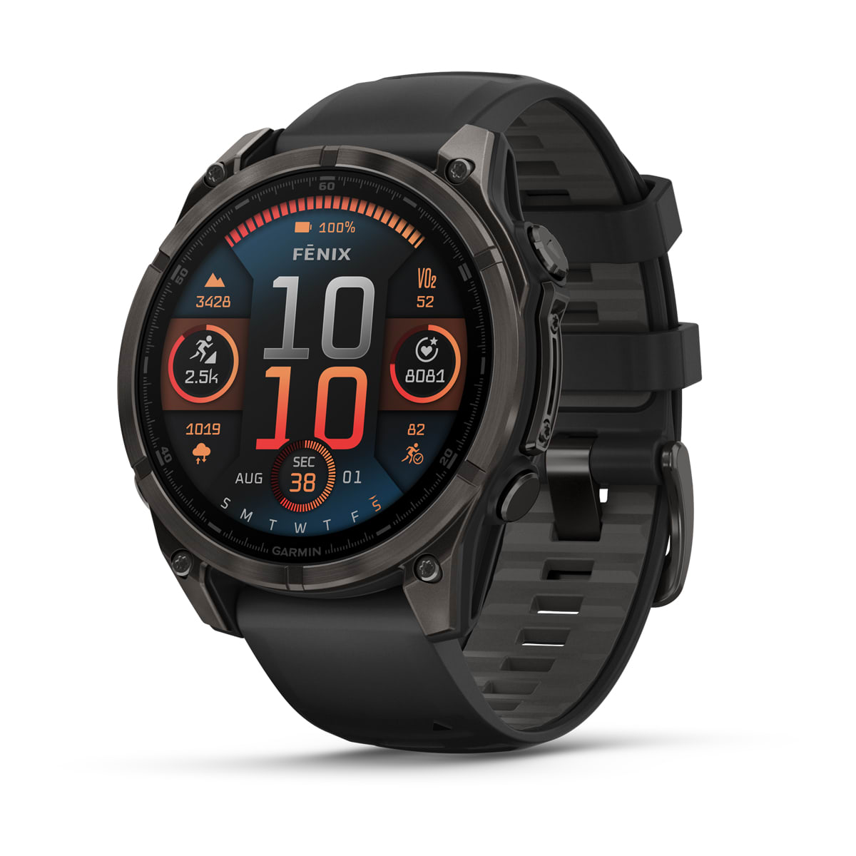Garmin fenix 8 47mm AMOLED Sapphire GPS Smartwatch - front view , screen on