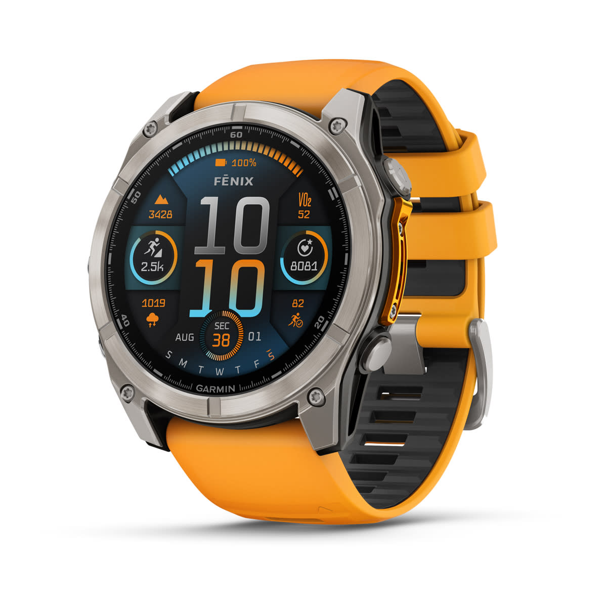 Garmin fenix 8 51mm AMOLED Sapphire GPS Smartwatch - front view , screen on