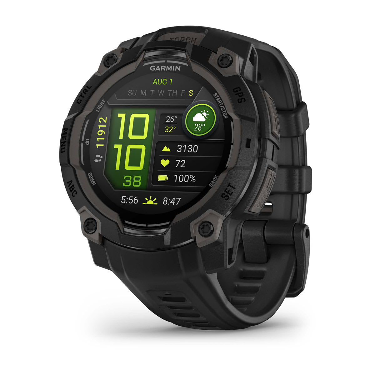 Garmin Instinct 3 45mm AMOLED Rugged GPS Smartwatch - front view , screen on