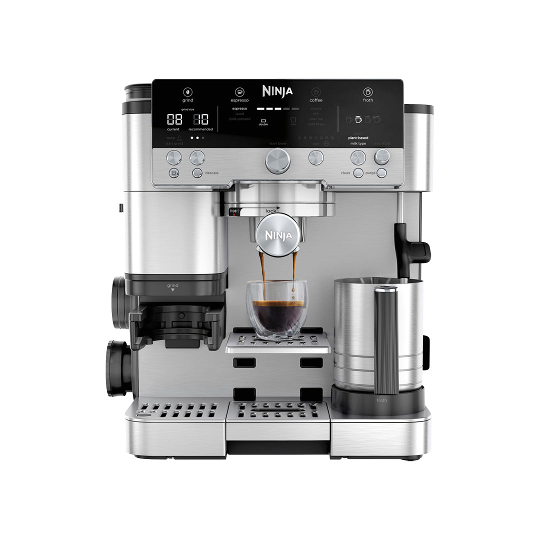 Ninja Luxe Cafe Premier ES601UK coffee machine, front view with an espresso being made