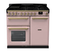 Rangemaster Estel Deluxe 100 Dual Fuel range cooker in Pale Pink with Antique Brass trim
