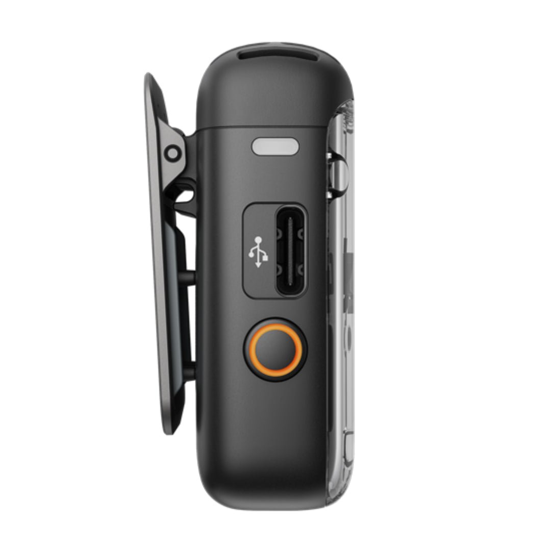 DJI Mic 2 transmitter, side view showing clip and USB-C port