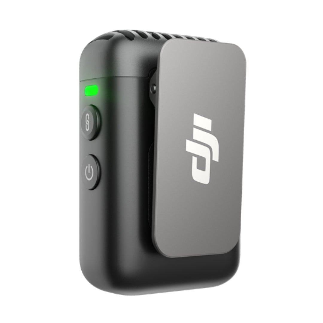 DJI Mic 2 1TX Shadow Black transmitter, front view with clip