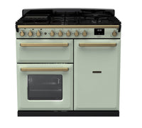 Rangemaster Estel Deluxe 100 Dual Fuel range cooker in Mint with Antique Brass trim