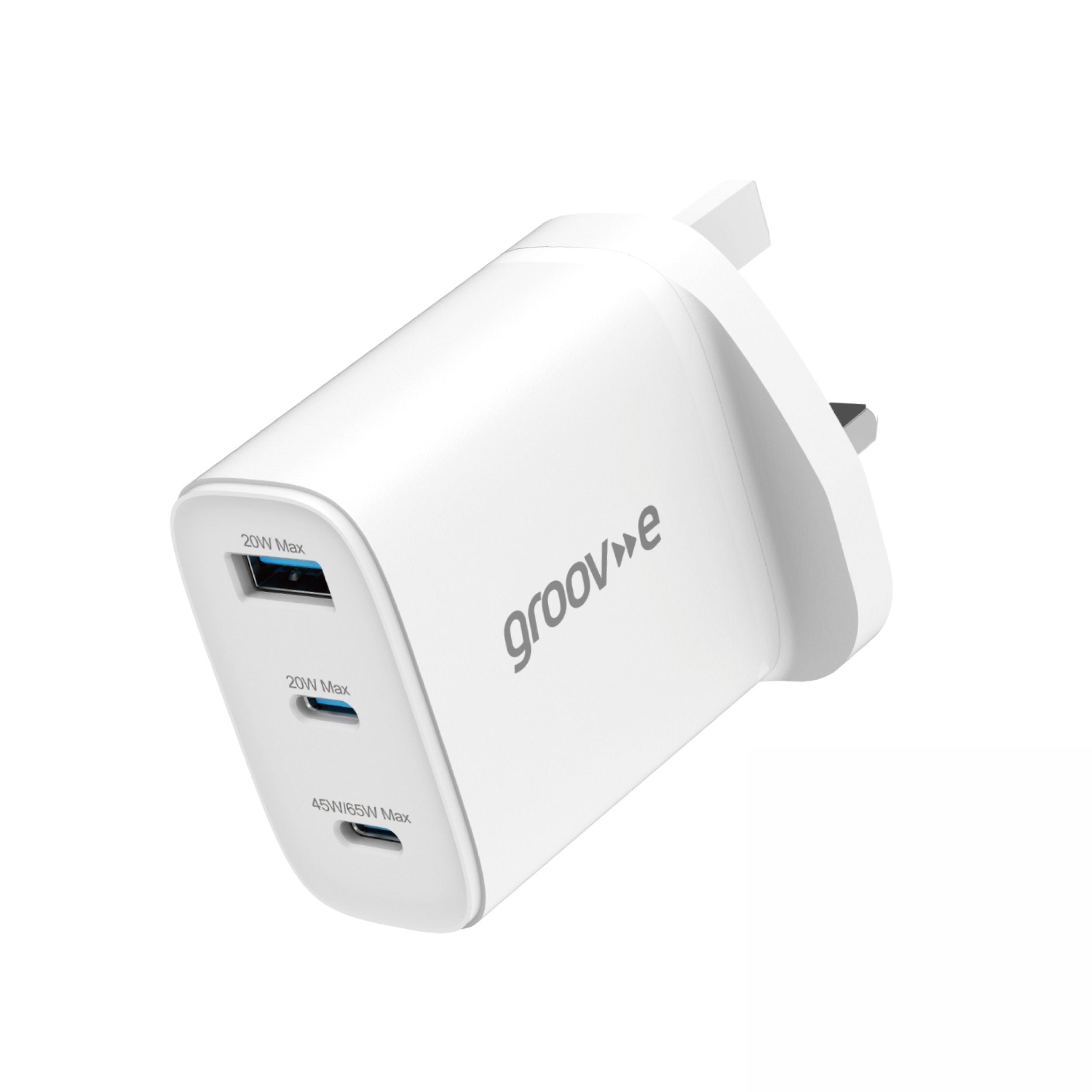 Groov-e 65W 3-Port GaN Wall Charger White - official product image