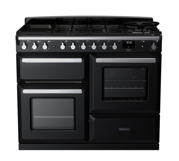 Rangemaster Estel Deluxe 110 Dual Fuel range cooker in Gloss Black with Chrome trim