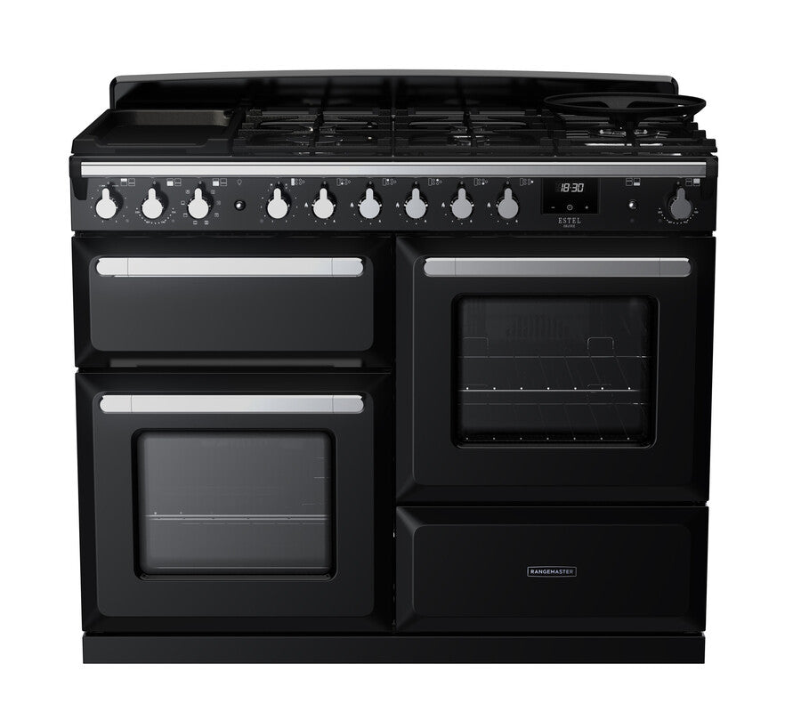 Rangemaster Estel Deluxe 110 Dual Fuel range cooker in Gloss Black with Chrome trim