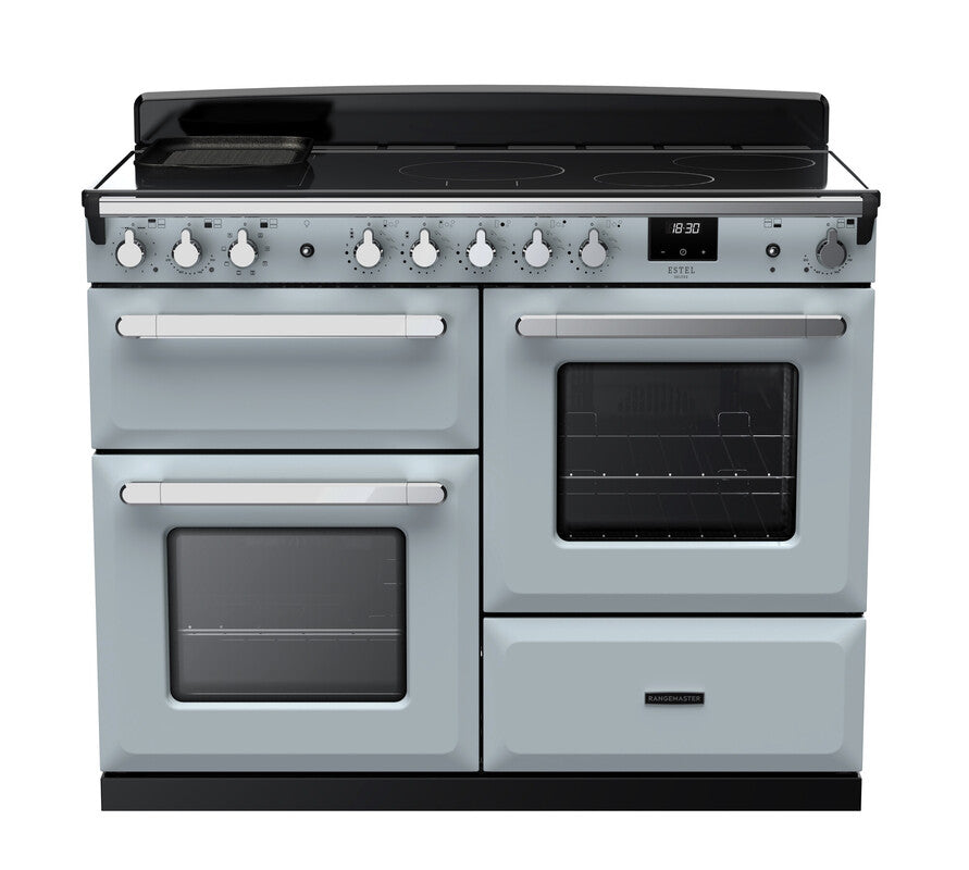 Rangemaster Estel Deluxe 110 Induction range cooker in Misty Blue with Chrome trim