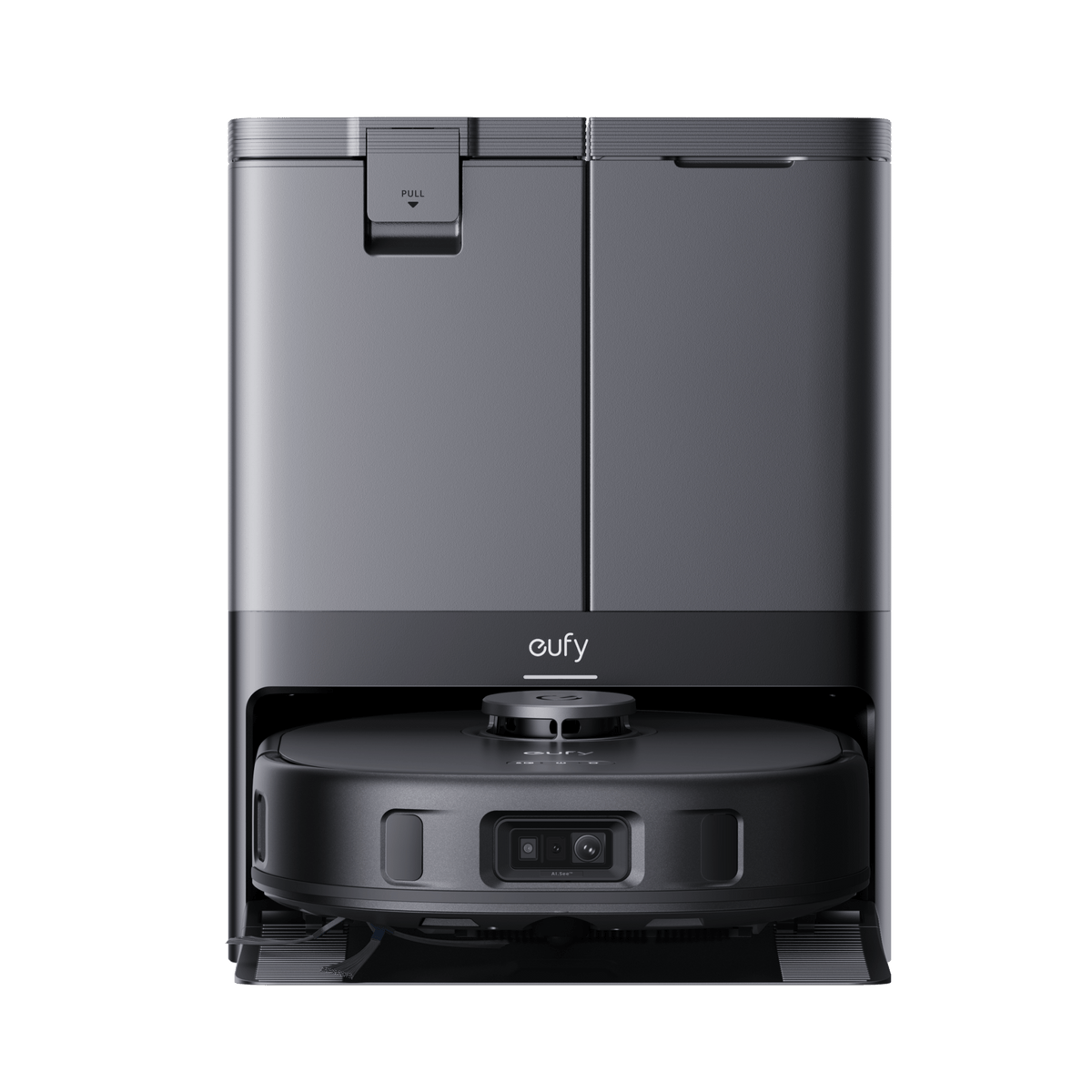 eufy Clean X10 Pro Robot Vacuum and Mop - front view, robot docked in the station, close crop