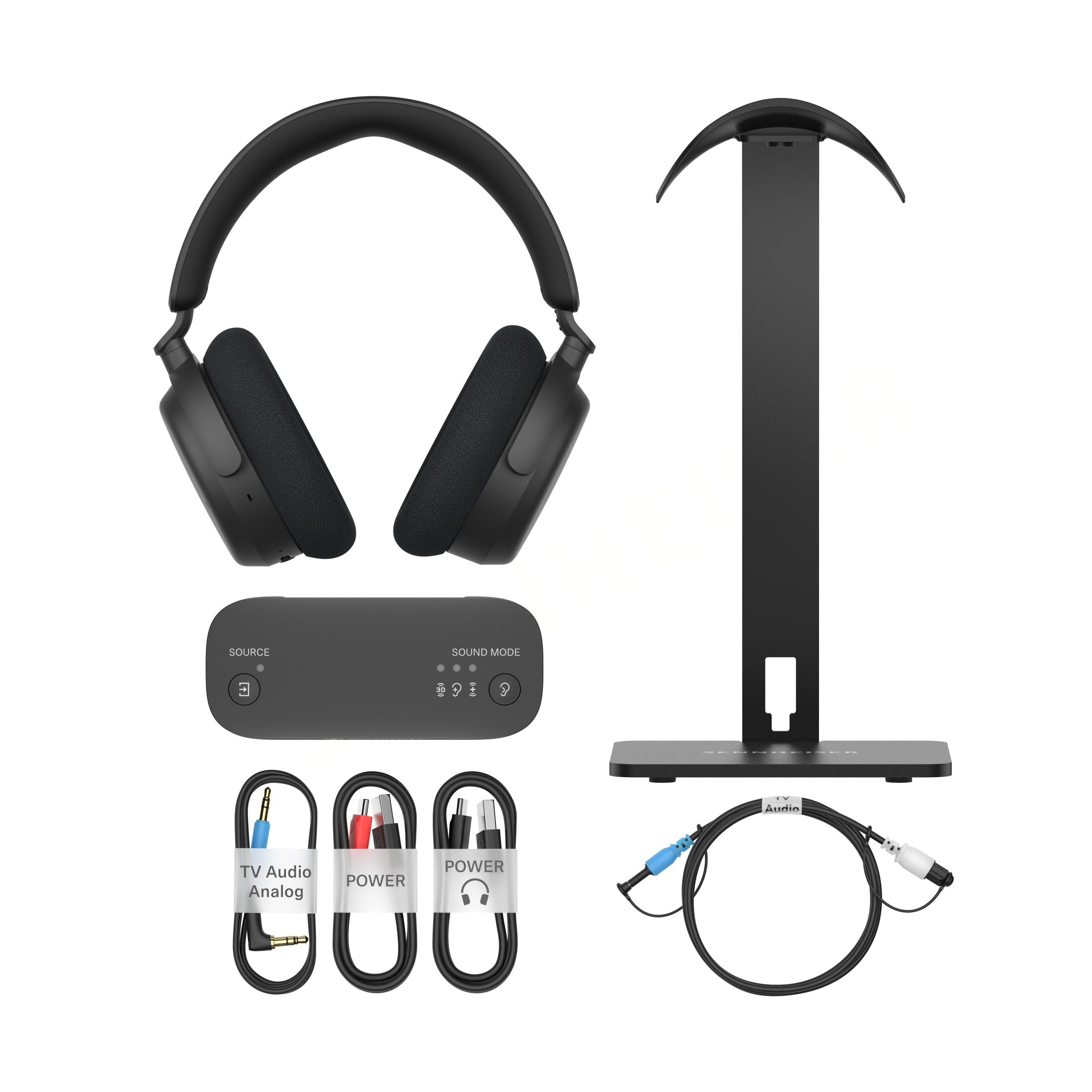 Sennheiser RS 275 TV Headphones with BTA 1 Transmitter Bundle — full contents flat-lay