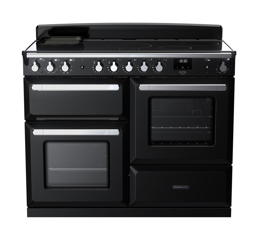 Rangemaster Estel Deluxe 110 Induction range cooker in Gloss Black with Chrome trim