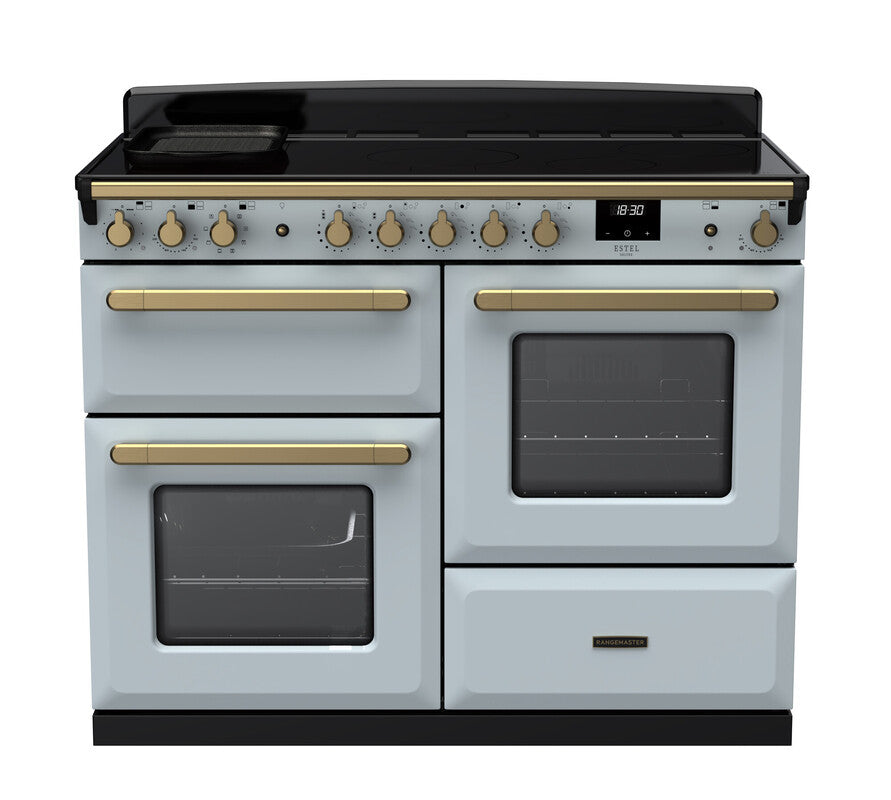 Rangemaster Estel Deluxe 110 Induction range cooker in Misty Blue with Brass trim
