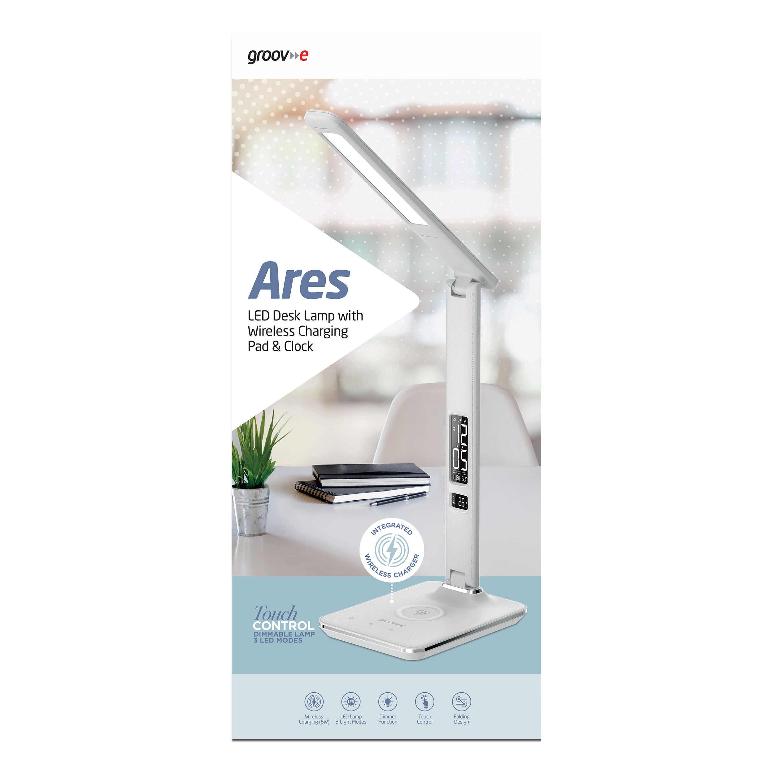 Groov-e Ares LED Desk Lamp with Wireless Charging and Clock White - official product image