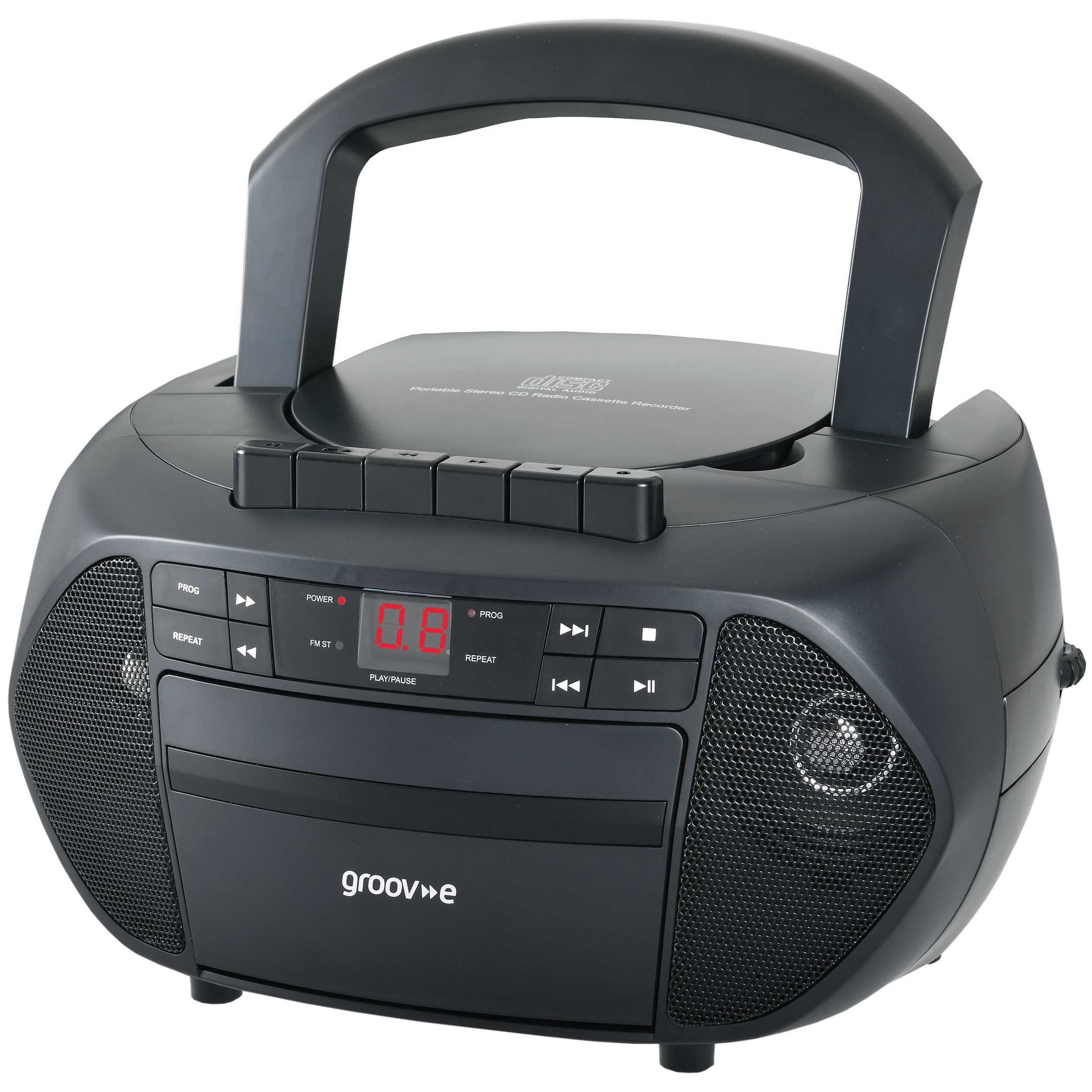 Groov-e Traditional Boombox CD Cassette and FM Radio Black - official product image