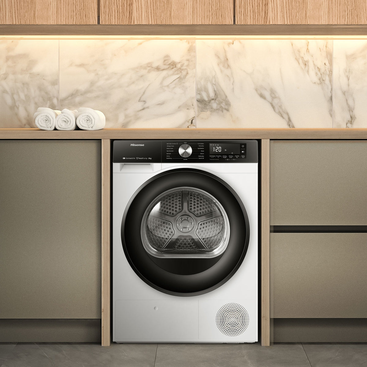 Hisense 3S Series 8kg Heat Pump Tumble Dryer - White - in a kitchen