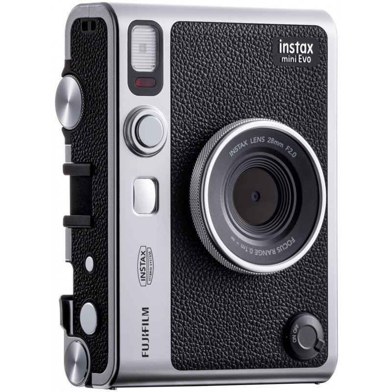 FUJIFILM instax mini Evo Hybrid Instant Camera Black - front three-quarter view