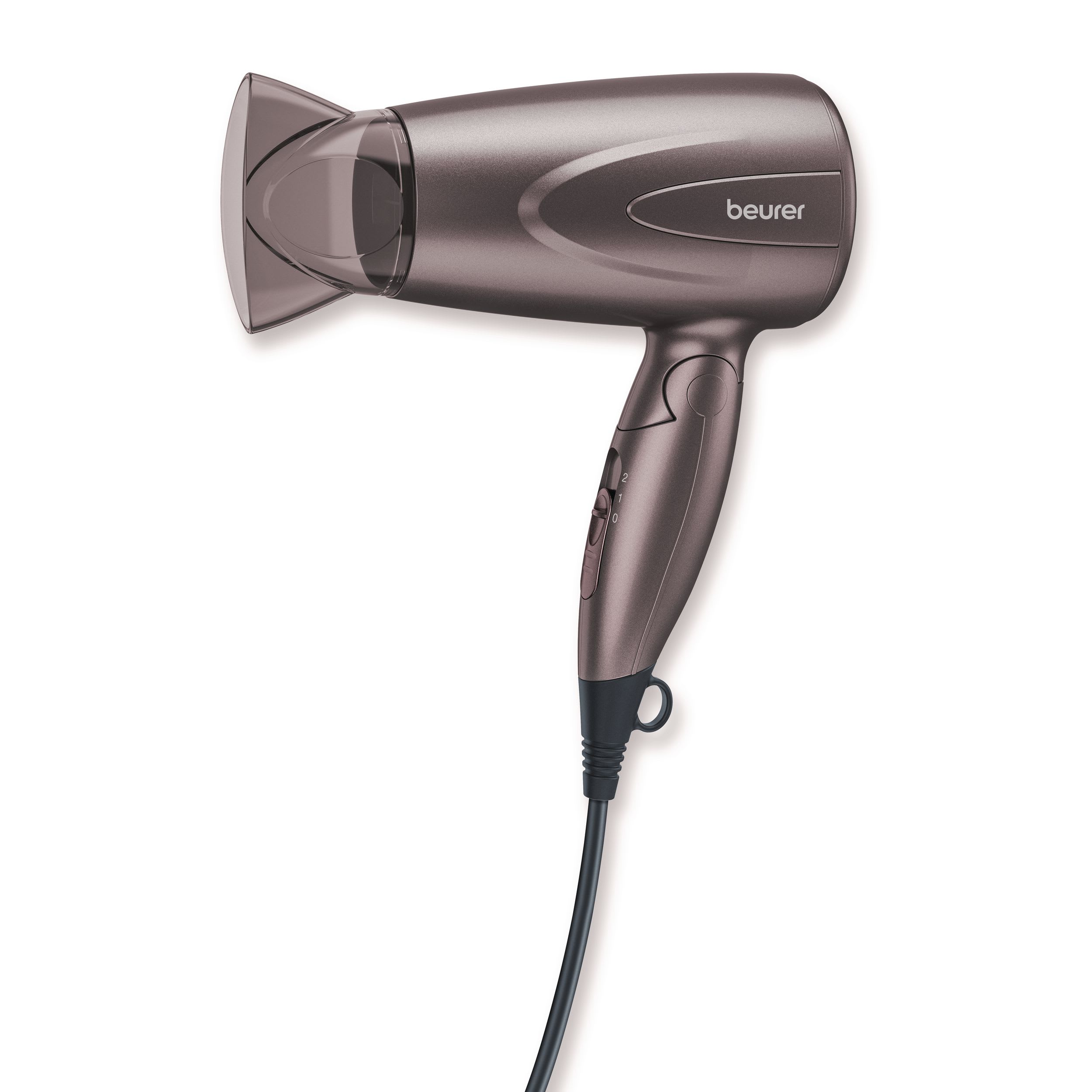 Beurer HC 17 Compact Foldable Hair Dryer 1300W Purple, studio shot showing folded handle