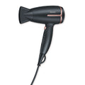 Beurer HC 25 Travel Hair Dryer with Ion, studio shot showing black and rose-gold folding dryer