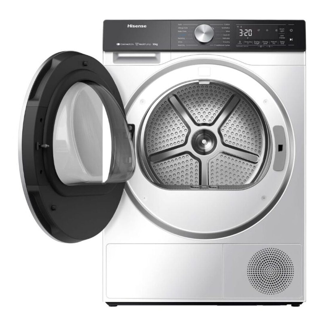 Hisense 10kg Heat Pump Tumble Dryer - White - front view with door open, angled from the left