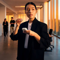 Sennheiser ACCENTUM Clip Open-Ear Earphones Cream — lifestyle, held in office hallway