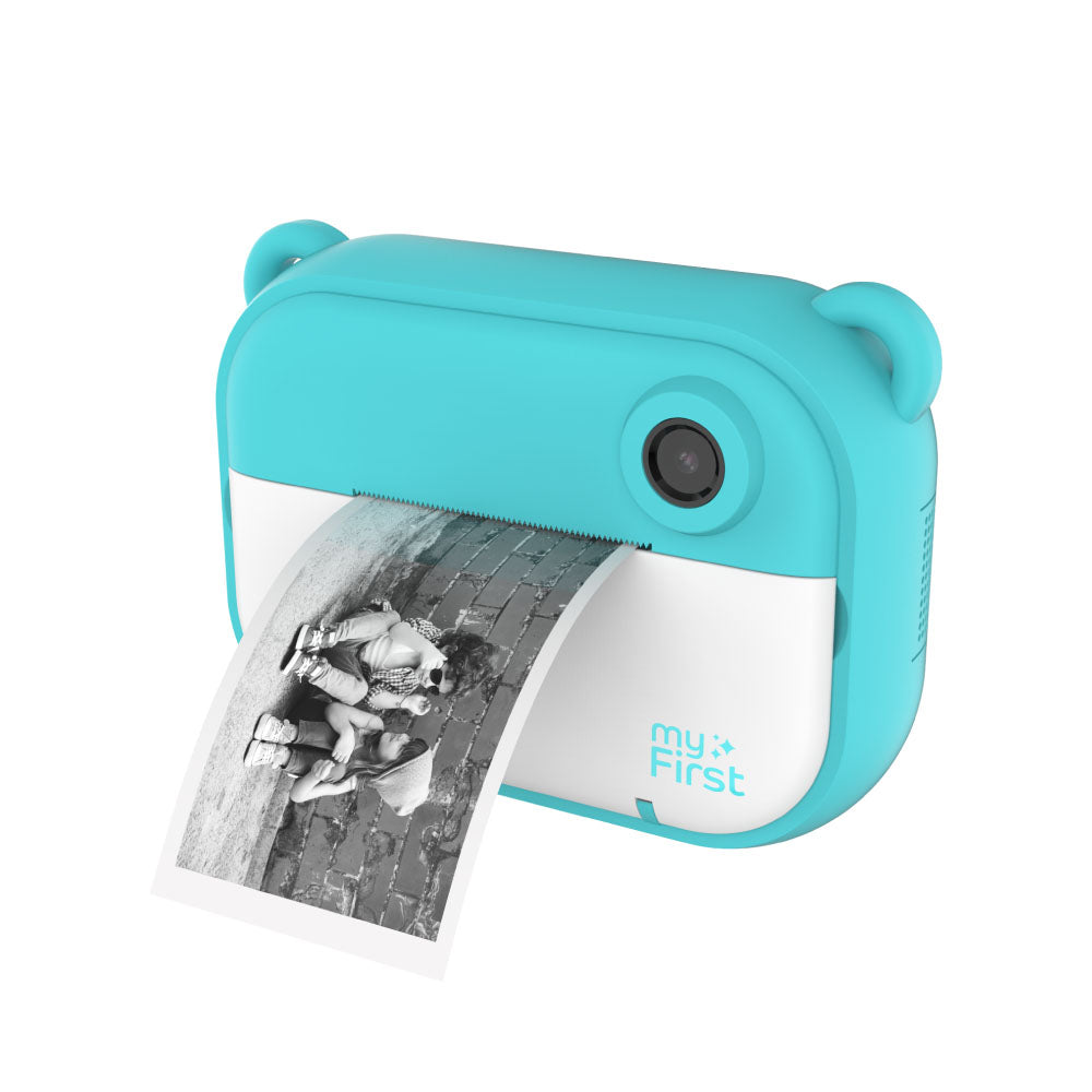 myFirst Camera Insta 2 Kids Instant Print Camera - Blue - angled view with a printed photo
