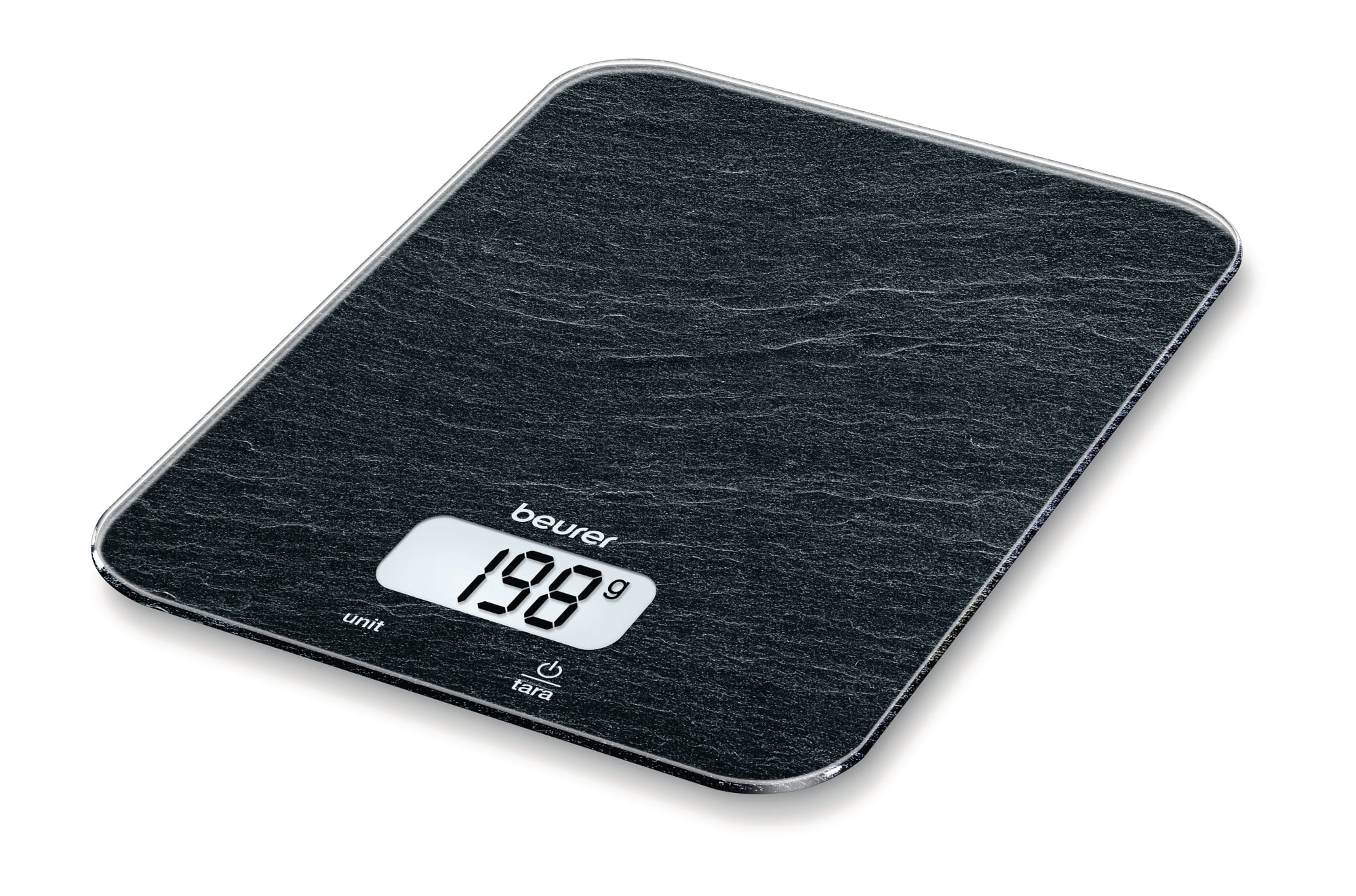 Beurer KS 19 Kitchen Scale 5kg Slate, studio shot showing dark slate-stone textured glass surface