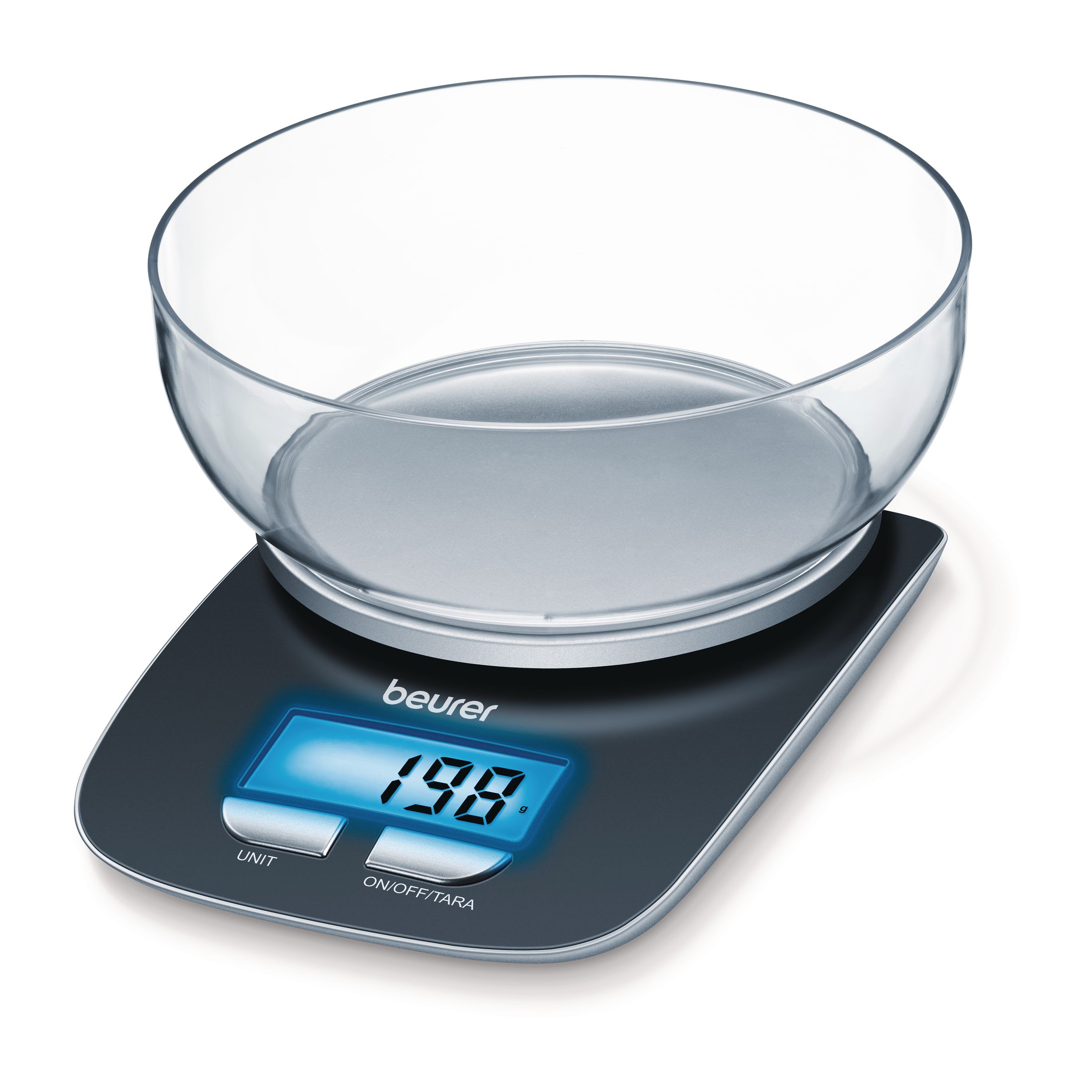 Beurer KS 25 Kitchen Scale with 1.2L bowl, studio shot showing black scale with glass bowl and blue LCD