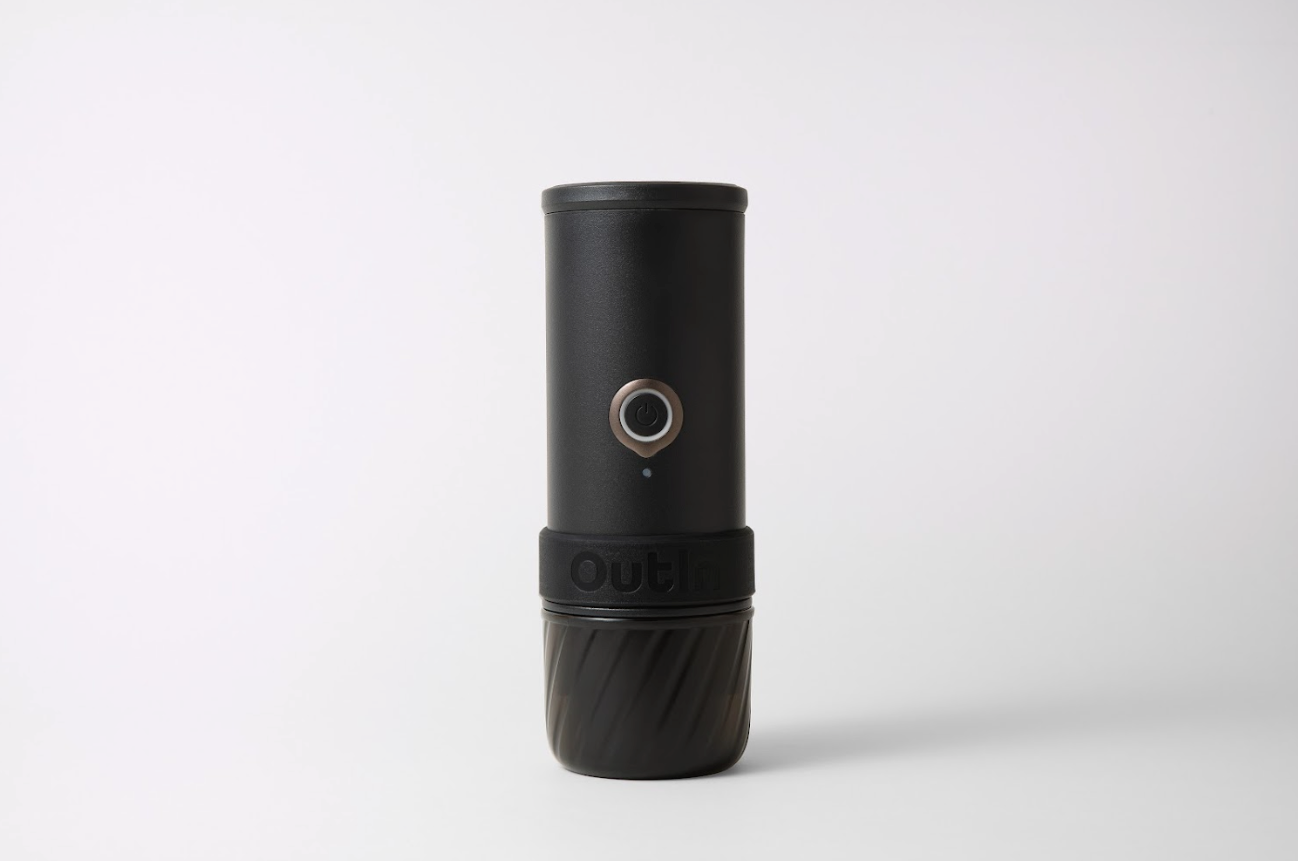 Outin Mino portable electric espresso machine in Space Grey with capsule adapter, filter basket and coffee cup