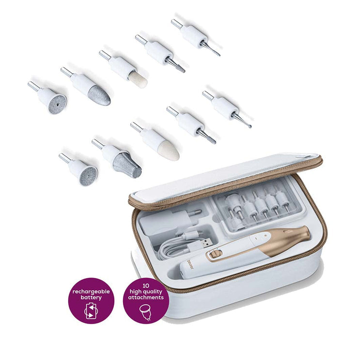 Beurer MP 64 Cordless Manicure/Pedicure Set Gold, full case with 10 attachments and charging cable