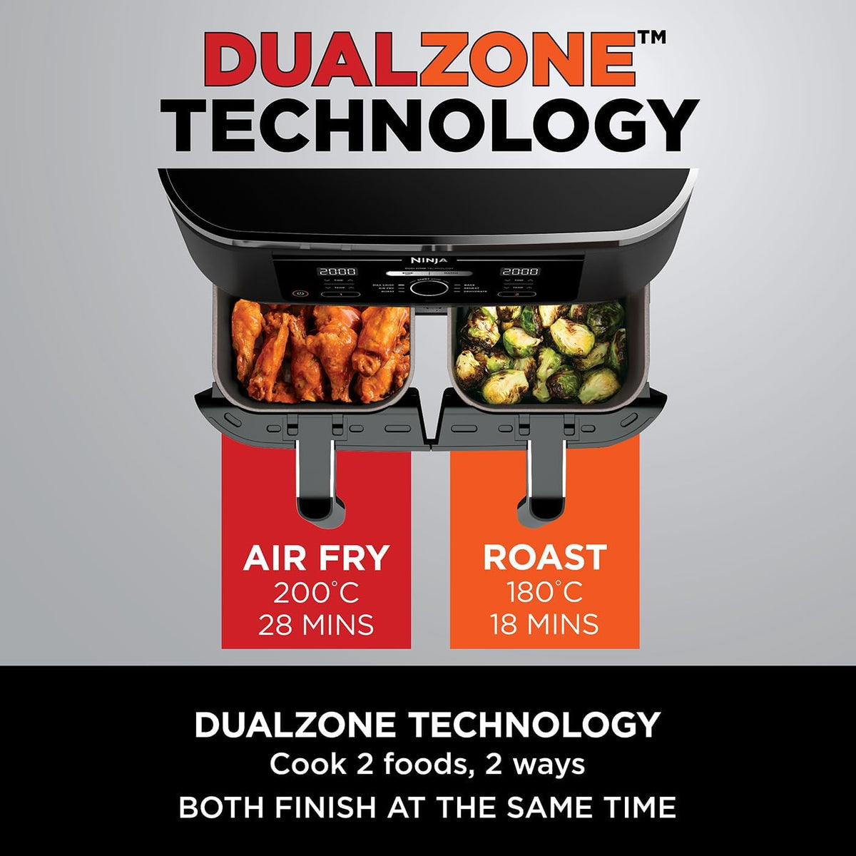 Ninja Foodi Dual Zone AF300UK air fryer cooking air fry and roast in the two drawers
