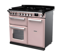 Rangemaster Estel Deluxe 100 Dual Fuel range cooker in Pale Pink with Chrome trim