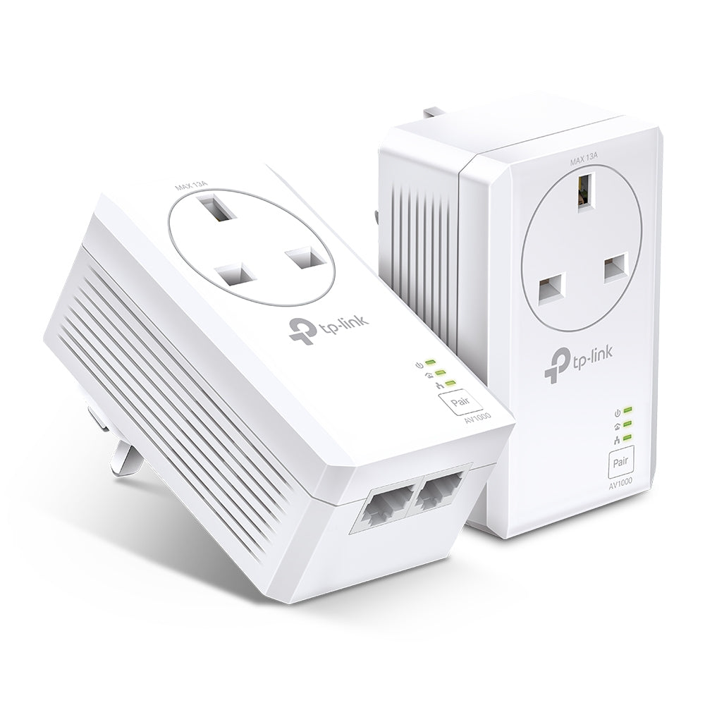 TP-Link TL-PA7027P KIT AV1000 2-Port Gigabit Pass-through Powerline Starter Kit — product view, two units with front sockets and dual Ethernet ports