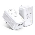 TP-Link TL-PA7027P KIT AV1000 2-Port Gigabit Pass-through Powerline Starter Kit — product view, two units with front sockets and dual Ethernet ports