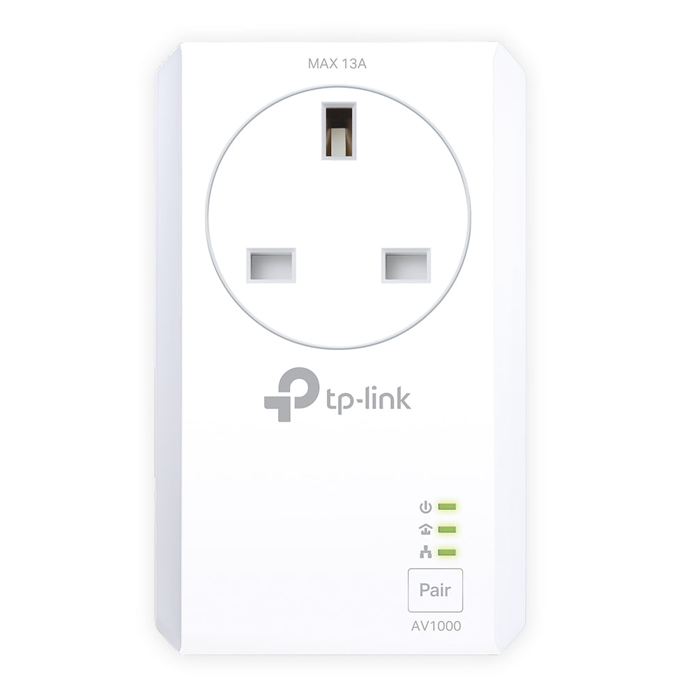 TP-Link TL-PA7027P KIT AV1000 2-Port Gigabit Pass-through Powerline Starter Kit — single-unit detail view, front passthrough socket