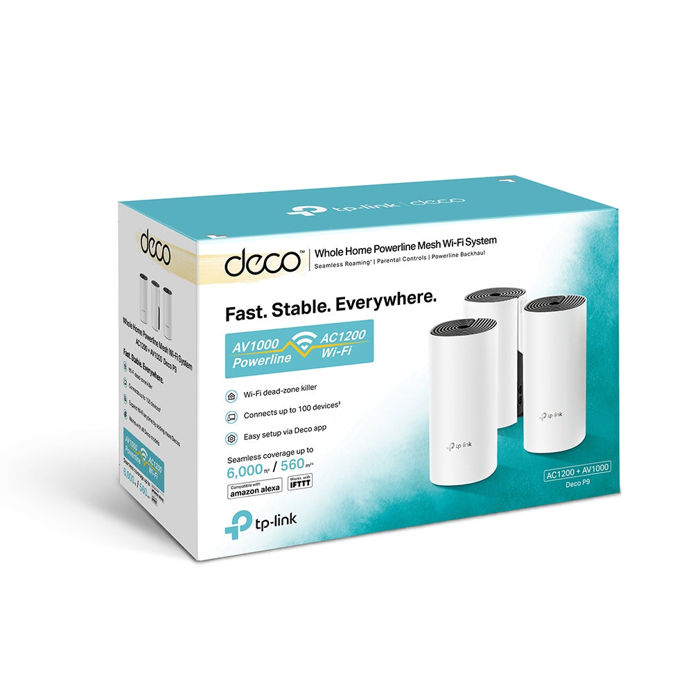 TP-Link Deco P9 retail packaging showing three units, 'Whole Home Powerline Mesh Wi-Fi System'
