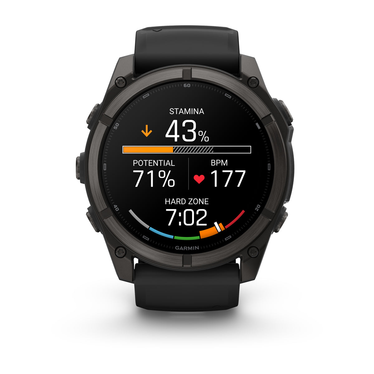 Garmin fenix 9 51mm AMOLED Sapphire GPS Smartwatch - front view with data screen