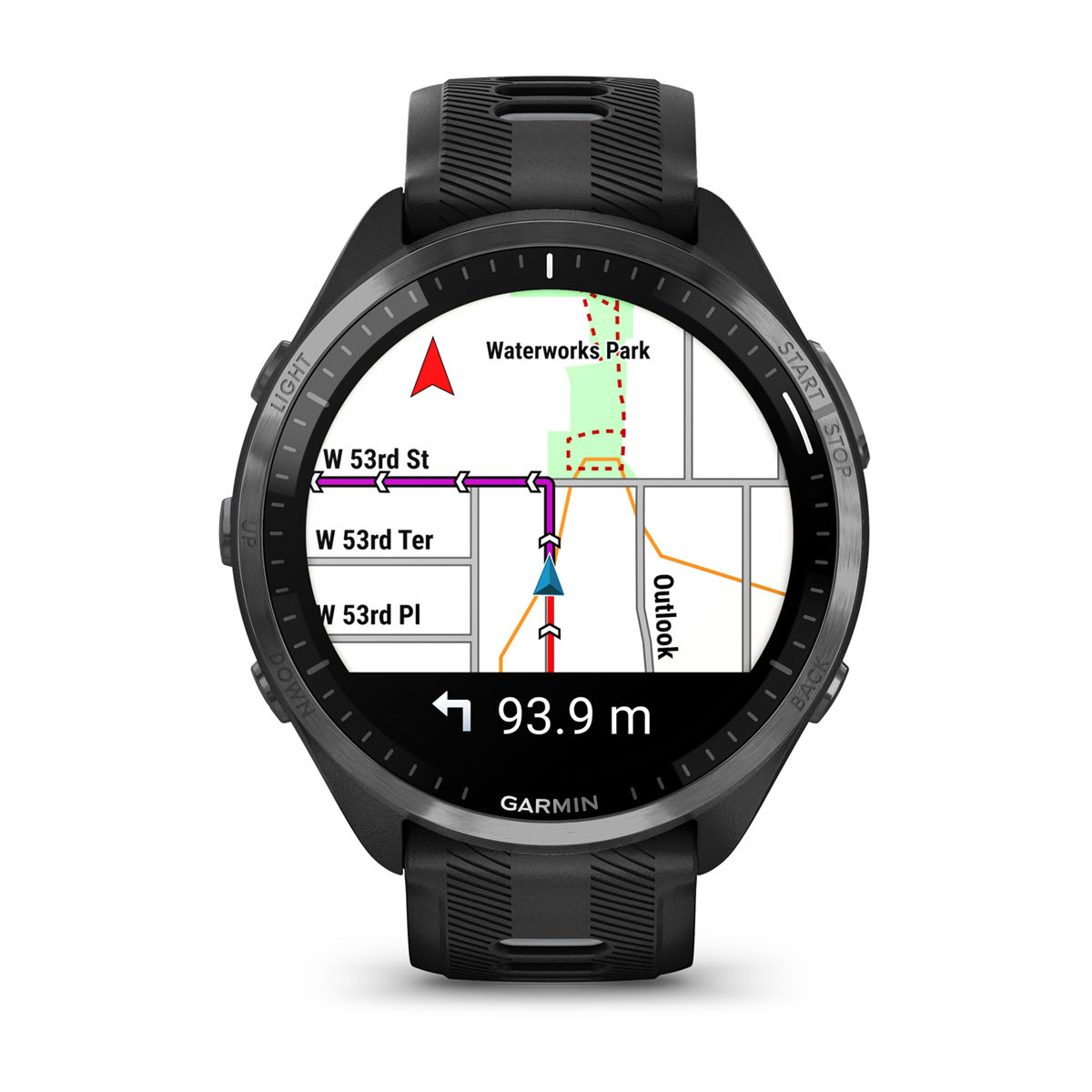 Garmin Forerunner 965 GPS Running Smartwatch - front view, display screen feature