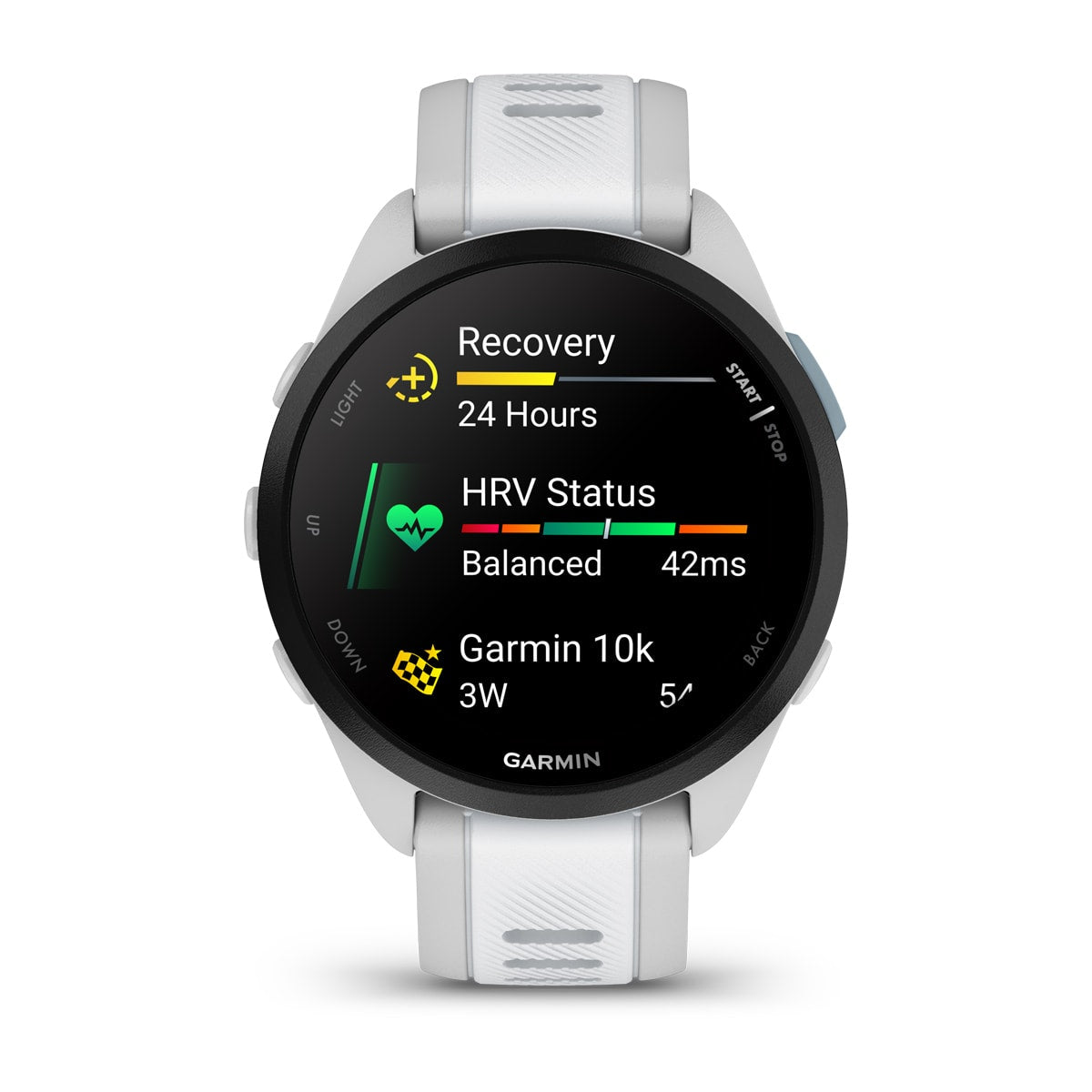 Garmin Forerunner 165 GPS Running Smartwatch - front view, display screen feature