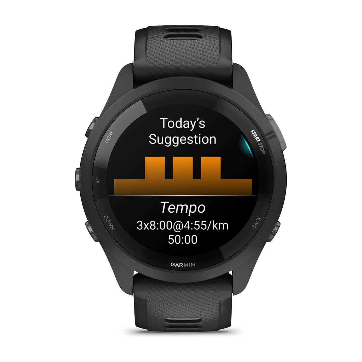 Garmin Forerunner 265 Music GPS Running Smartwatch - front view, display screen feature