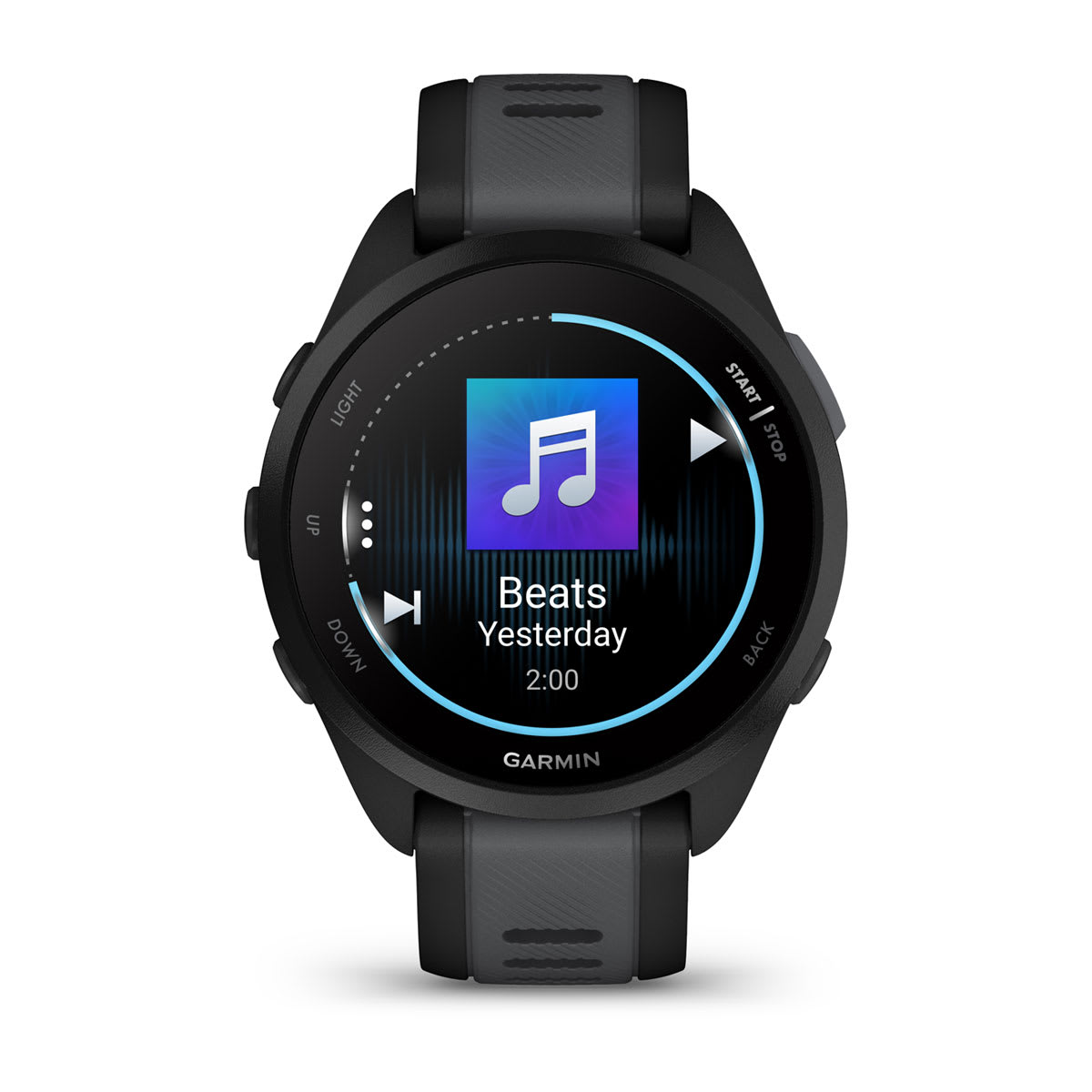 Garmin Forerunner 165 Music GPS Running Smartwatch - front view, display screen feature