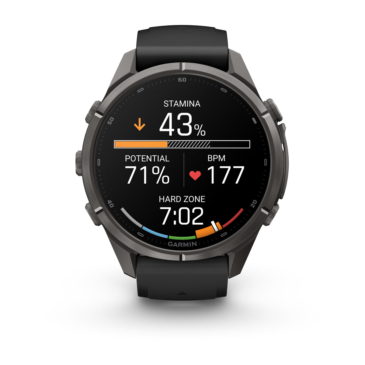 Garmin fenix 9 Pro inReach 43mm AMOLED Sapphire GPS Smartwatch - front view with data screen