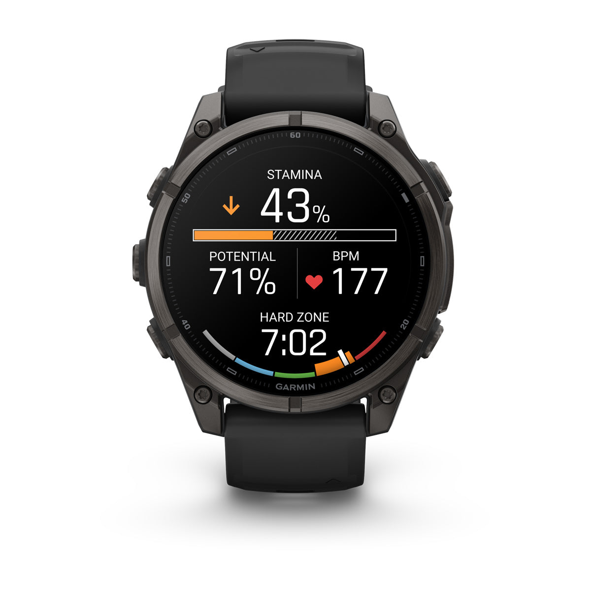 Garmin fenix 9 47mm AMOLED Sapphire GPS Smartwatch - front view with data screen